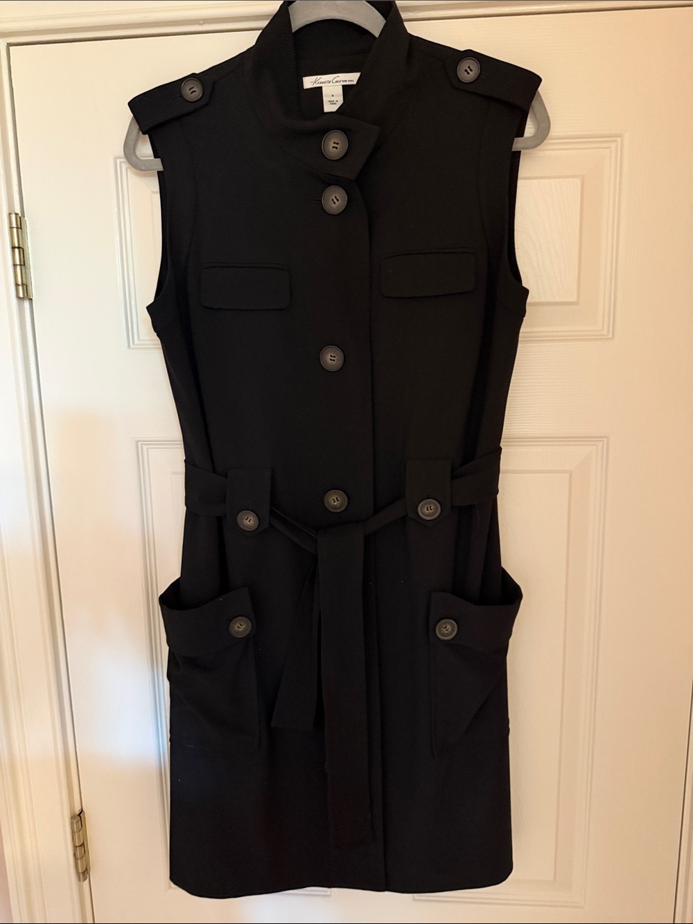 Kenneth Cole Black Sleeveless Button-Front Belted Dress
